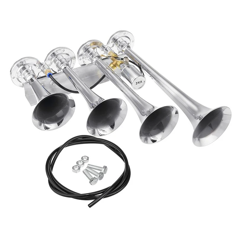 12V / 24V 185Db 4 / Four Super Trumpet Chrome Auto Car Air Horn Set For Car Vehicle Truck Train Boat Yacht Suv Bike 60-150 Psi