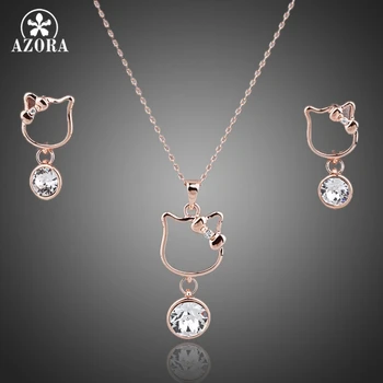 

AZORA Lovely Cat Rose Gold Color Clear Stellux Austrian Crystal Drop Earrings and Necklace Set TG0046