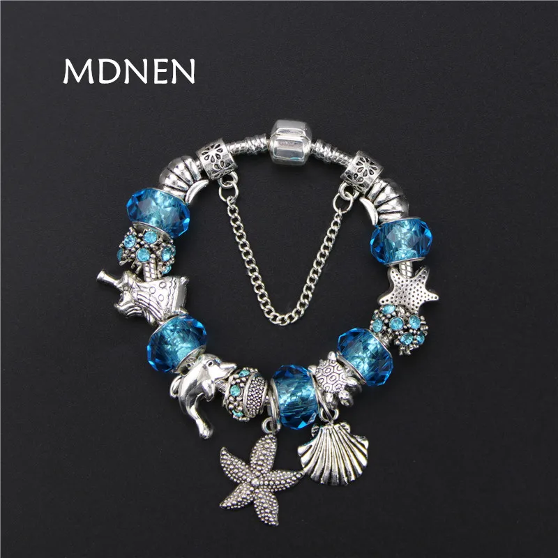 

MDNEN Blue Crystal Beads Vintage Silver plated starfish pendant DIY Charm Pandora Bracelets & Bangles For Women Gift BYBR005