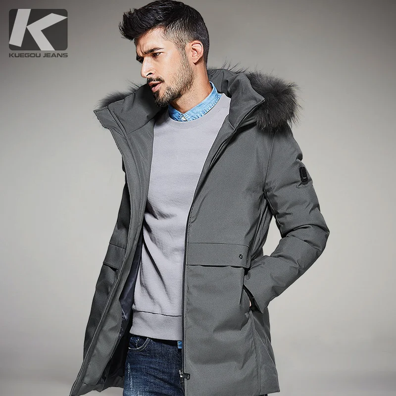 KUEGOU New Winter Mens Hooded Parkas Thick Black Gray Color Brand