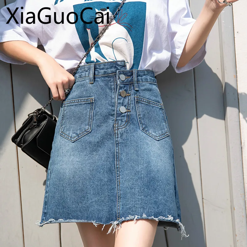 

Ins Fashion High Waist Denim Women Skirt Female Casual Skirts Korean Summer New Irregular A Word Skirts for Women