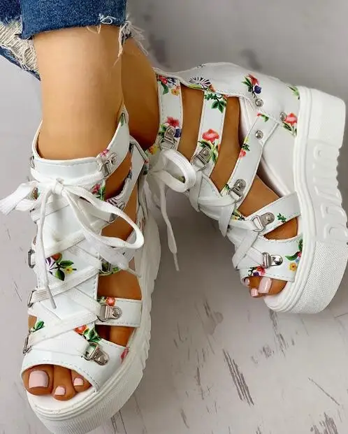 

Fashion Platform Lace-Up Cut Out Wedge Sandals for Summer Woman Shoes Flower Printing Sexy Open toe Super High Heel Sandals