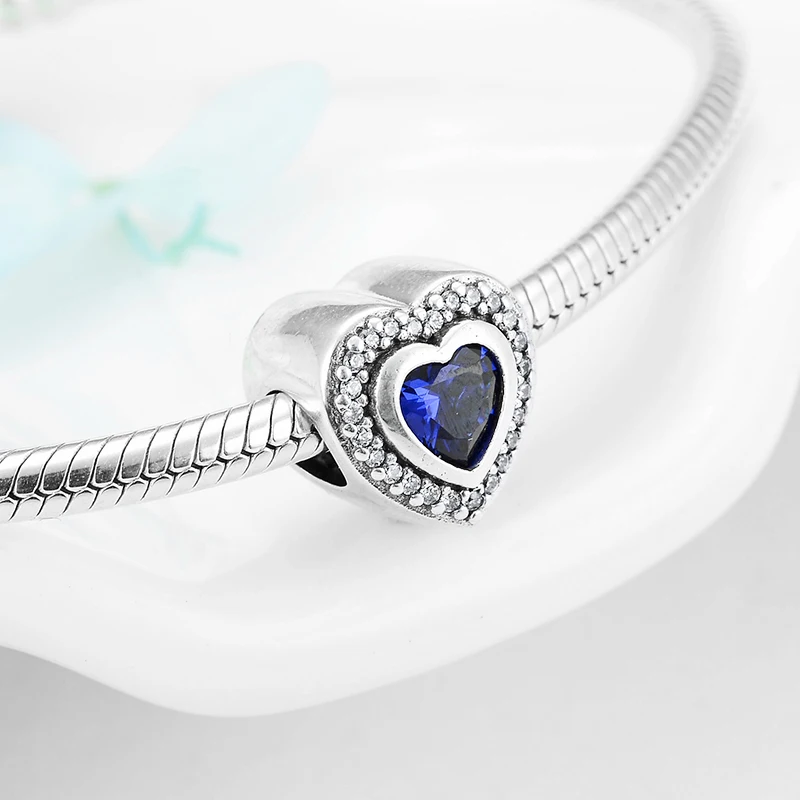 Mother's Day gift Fit Original Pandora Charm Bracelet Jewelry making 925 Sterling Silver charming Blue CZ Heart shape Beads