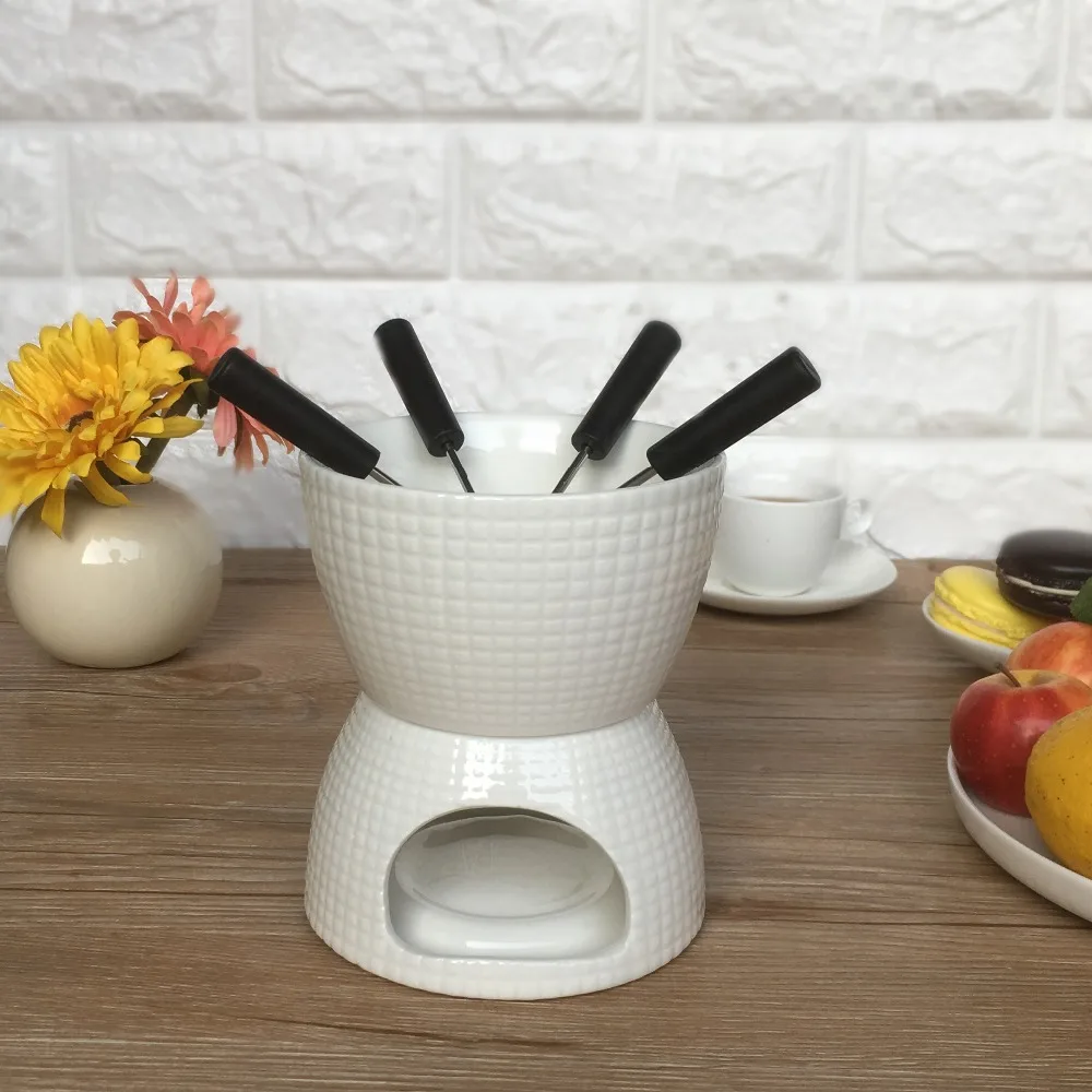 

Elegant Chocolate Fondue Bowl Set with 4 Dipping Forks Tea Light Holder For the Perfect Melted, Chocolate and Cheese Serving