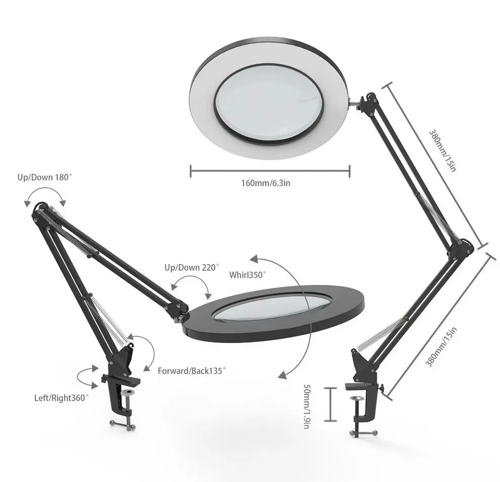 7W светодиодный светильник-увеличитель с металлическим зажимом, настольная лампа с плавным затемнением, 3 цвета, лупа, светодиодный светильник 3X, 4," Диаметр объектива(черный