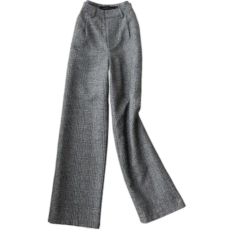 

Fashion plaid pants female spring new temperament imitation woolen Wide leg pants women trousers high waist straight pant Mujer