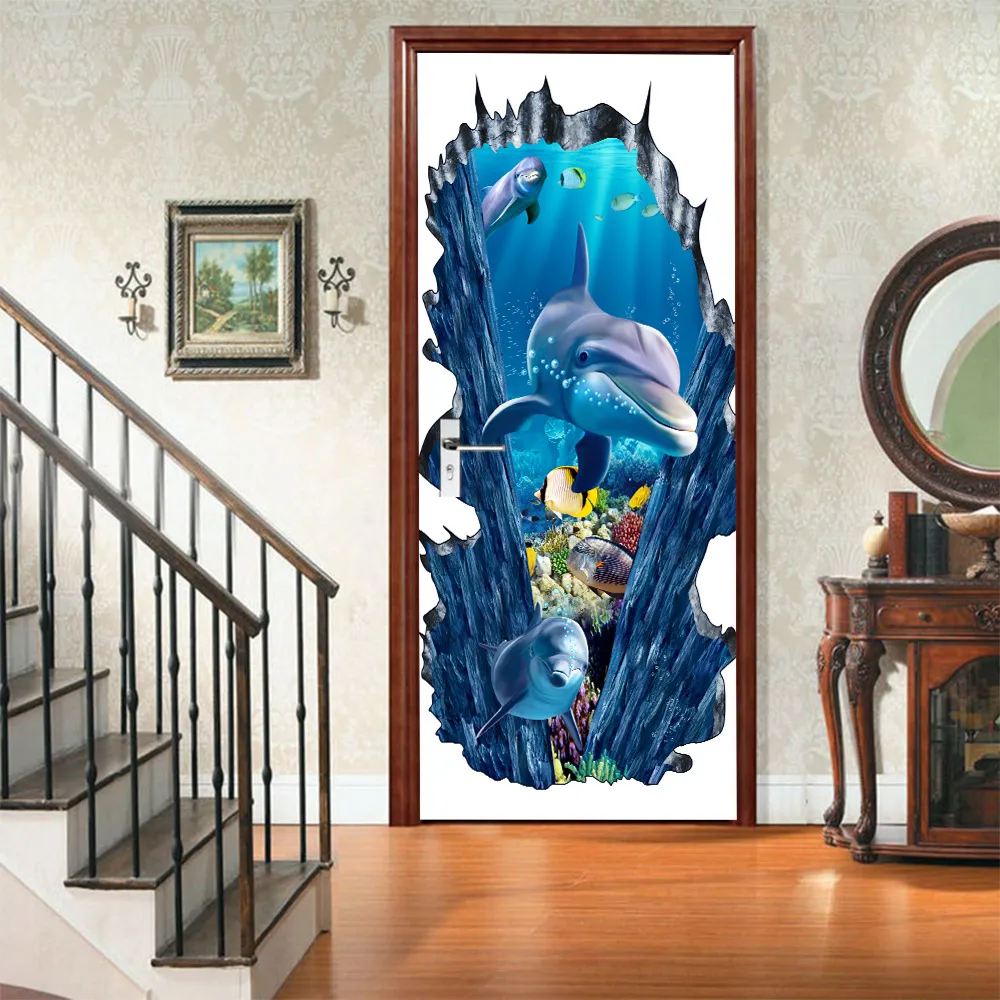3D дверной стикер подводный мир Прекрасный Дельфин домашний декор DIY самоклеющиеся декоративные водонепроницаемые художественные Настенные обои с надписью