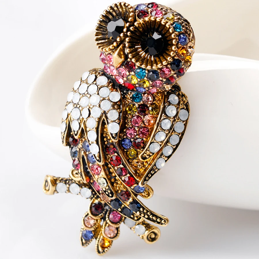 Vintage Jewelry Multicolor Crystal Cute Animal Owl Brooches Corsage