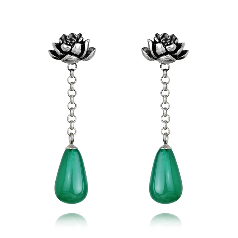 Lotus Fun Real 925 Sterling Silver Natural Agate Original Handmade Fine Jewelry Water Drop Lotus Drop Earrings for Women Brincos