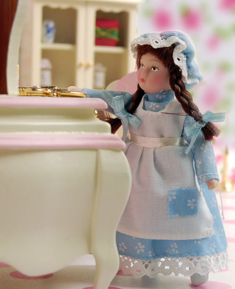 

5.51" 1:12 Doll house miniature Mini Dolls Brown hair Blue skirt Lovely girl