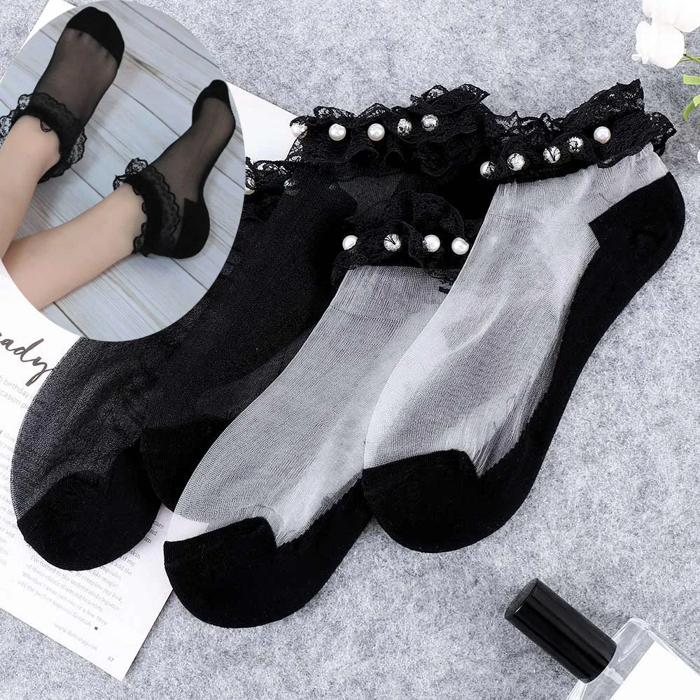 

New High Quality Summer Stylish Trendy Fashion Modern Woman Girl Glitter Shiny Pearl Socks Mesh Thin Bead Gauze Transparent Sox
