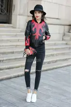 2016 New Red Pattern Womens Sheep Leather Slimming Jackets Ladies Genuine Leather Coats Round Collar Streetwear AU00883