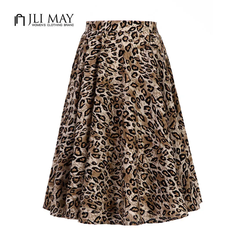 

JLI MAY vintage Leopard skirt women midi Ball Gown button office party elegant swing skirts womens summer 50s 60s Rockabilly