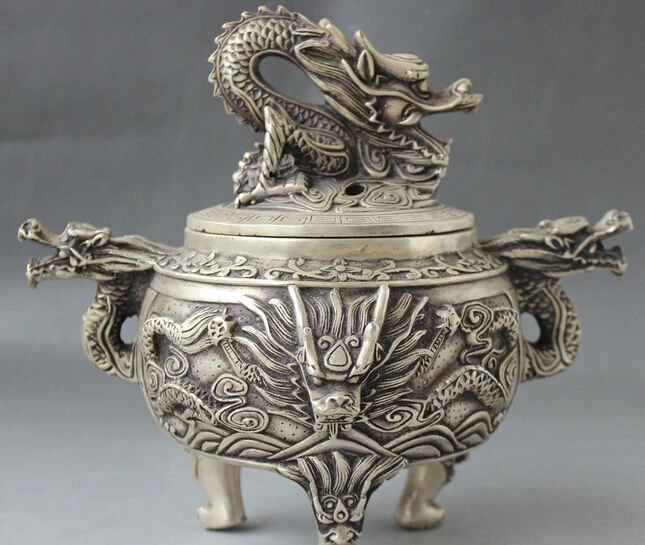 

861++8" Marked Chinese Dynasty Palace Silver 3 Leg Dragon Head Incense Burner Censer statue