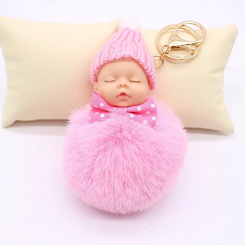 ZOEBER, Спящая Детская кукла, брелок с помпоном, женская сумка для ключей, подвеска с кроличьим мехом, брелок для ключей, автомобильный очаровательный брелок, аксессуары - Цвет: pink c