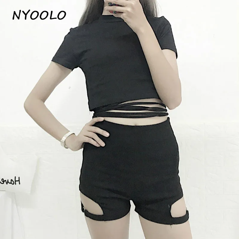 

NYOOLO Specially design streetwear hip hop dance solid summer t shirt+Prevent exposed shorts 2 piece suit women clothing set