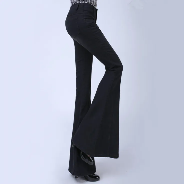 Высокая мода большой расклешенные ноги черные джинсы женские пикантные низкая талия Push Up джинсы для женщин мотобрюки узкие брюки-клеш