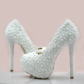 

Lace Flower Wedding Shoes White Pearl high-heeled Bridal Shoes Rhinestone Elegant Women Pumps