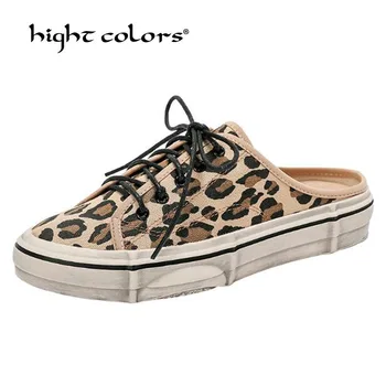 

2019 Women Flat Slippers Low Heel Fashion Brand Leopard Lace Up Canvas Shoes Round Toe Slides Designer Sandal Women Mules T2312