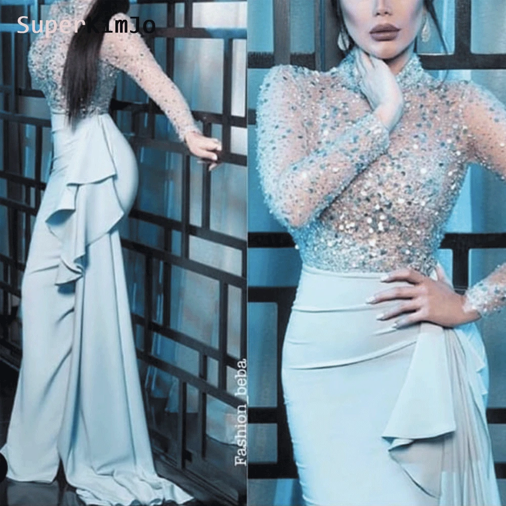 SuperKimJo Роскошные бисерные вечерние платья Русалка с длинным рукавом Серебро русалка вечернее платье vestido de festa