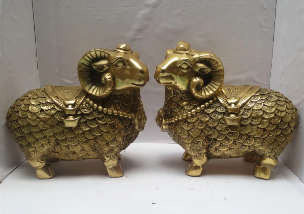 

Metal crafts Home Decoration 1 Pair Of Chinese brass Carved Coin sheep Scupture, Feng Shui Goats Statue