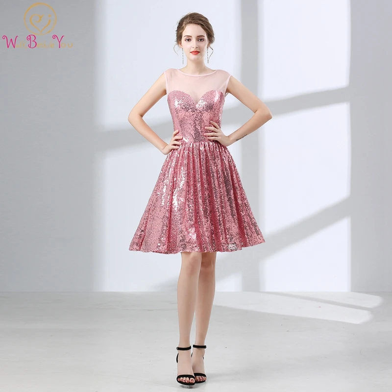 

Pink Sequined Cocktail Dres Sleeveless O Neck Mini Above Knee Skirt A-line Simple Reflective Attractive Popular Cocktail Gown