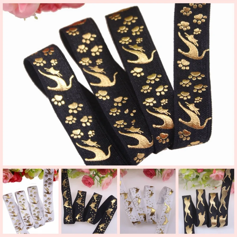

5/8" gold foil animals fold over elastic cat dolphin leopard FOE elastic ribbon welcome custom printed