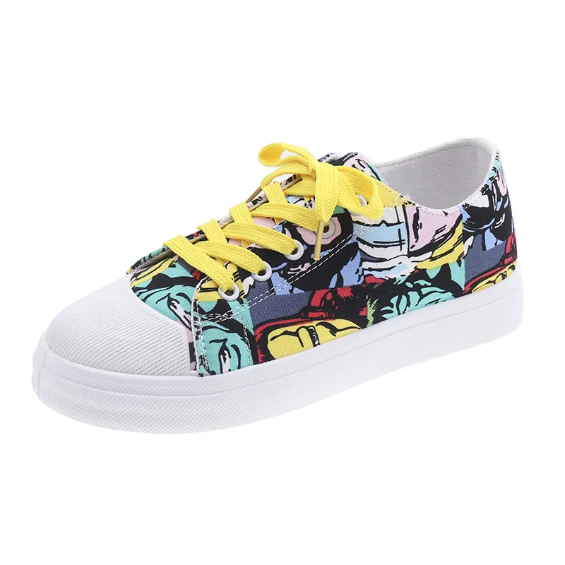 

Aleafalling Women Flats Girl's Casual Shoes Summer Spring Women Shoes Fashion Facial Make Up Printing Lace Up Women Sneakers