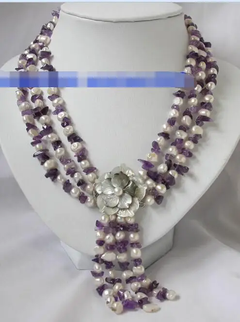 

3409 beautiful 3strands freshwater pearl amethyst necklace