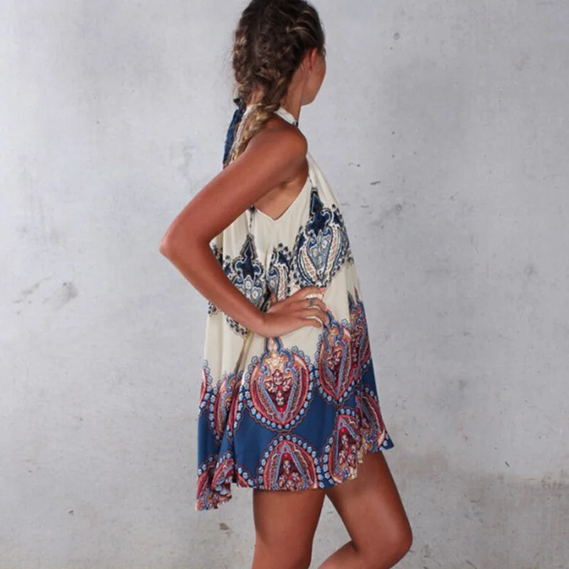 beach maxi dress with sleeves NEW Ladies Sexy Women Swimwear Cover-Ups Boho Women Halter Floral Sleeveless Summer Short Mini Dress Beach Dresses bathing suit coverups