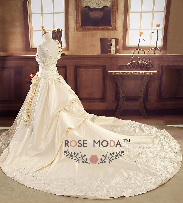 Роскошное бальное платье цвета шампанского и золота с 3D розами, королевское свадебное платье с соборным шлейфом, полностью корсет с вышивкой, свадебное платье для церкви, реальные фотографии