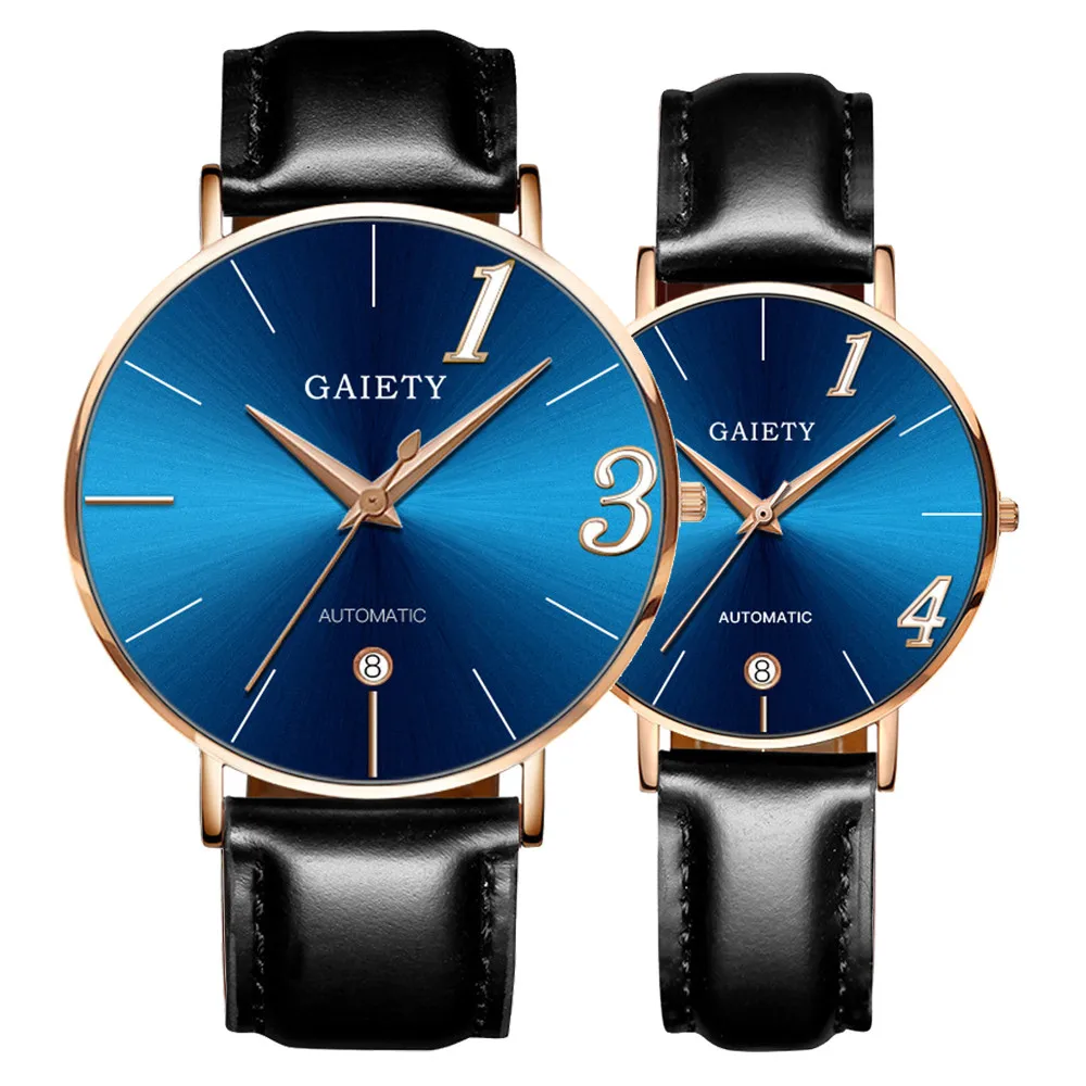 Парные кварцевые мужские женские наручные часы Аналоговые синие модные с простым кожаным ремешком подарок на день рождения F306