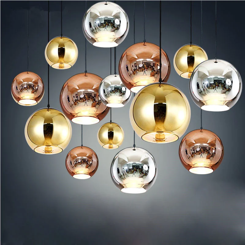 

Glass Plated Ball Led Chandelier Lights Round Gold Color Glass Ball Cord Lustres Hanging Lighting Fixtures