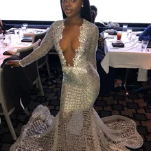 Сексуальное прозрачное с v-образным вырезом с длинными рукавами Русалка серебро черные платья для выпускного девушки блестки блесток Африканское вечернее платье Vestidos de gala