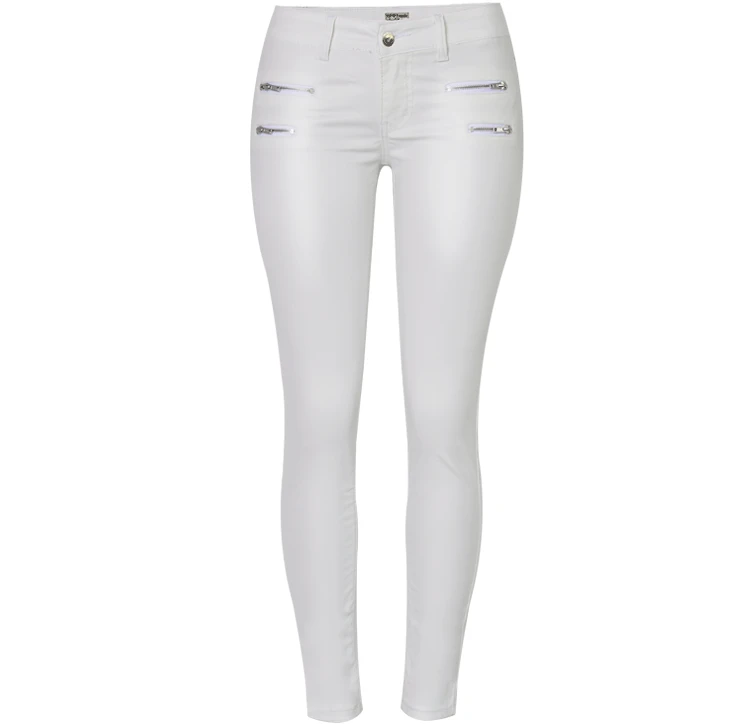 Эластичную искусственную кожаные штаны Для женщин облегающий с заниженной талией узкие брюки из искусственной кожи для женщин с имитацией застежки-молнии белые узкие штаны D60