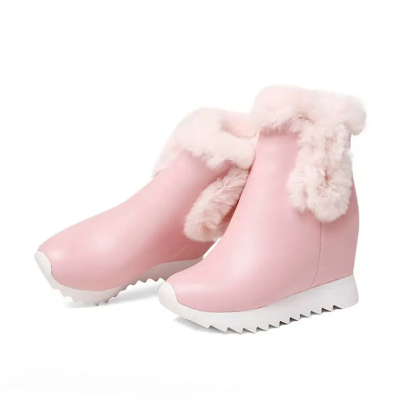 Зимняя теплая обувь; женские ботильоны из натуральной кожи на танкетке и высоком каблуке; туфли-лодочки на платформе с кроличьим мехом; высокие кроссовки с круглым носком - Цвет: pink3