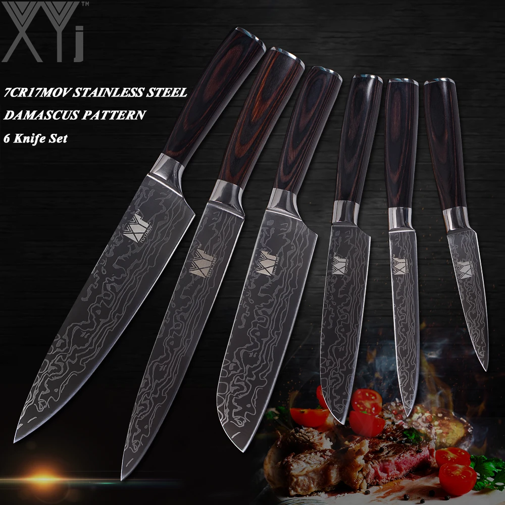 

XYj Beauty Pattern Stainless Steel Kitchen Knives 6 Pieces Cooking Knife Sets High Carbon Blade Wood Handle Sharp&Durable Knife
