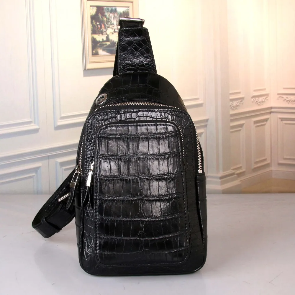 

Fashion Designer Genuine Crocodile Belly Skin Casual Black Chest Bag For Men Messenger Bag Alligator Leather Man Cross Body Bag
