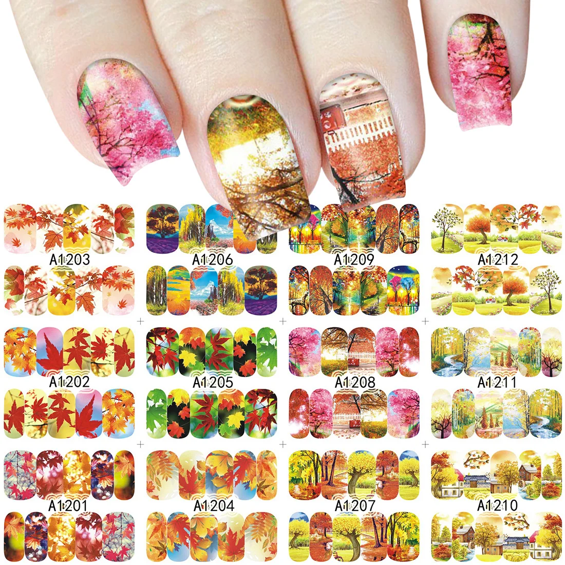 Autumn Landscape Leaf Maple Transfer Water Decals 12 Sheets Nail Art