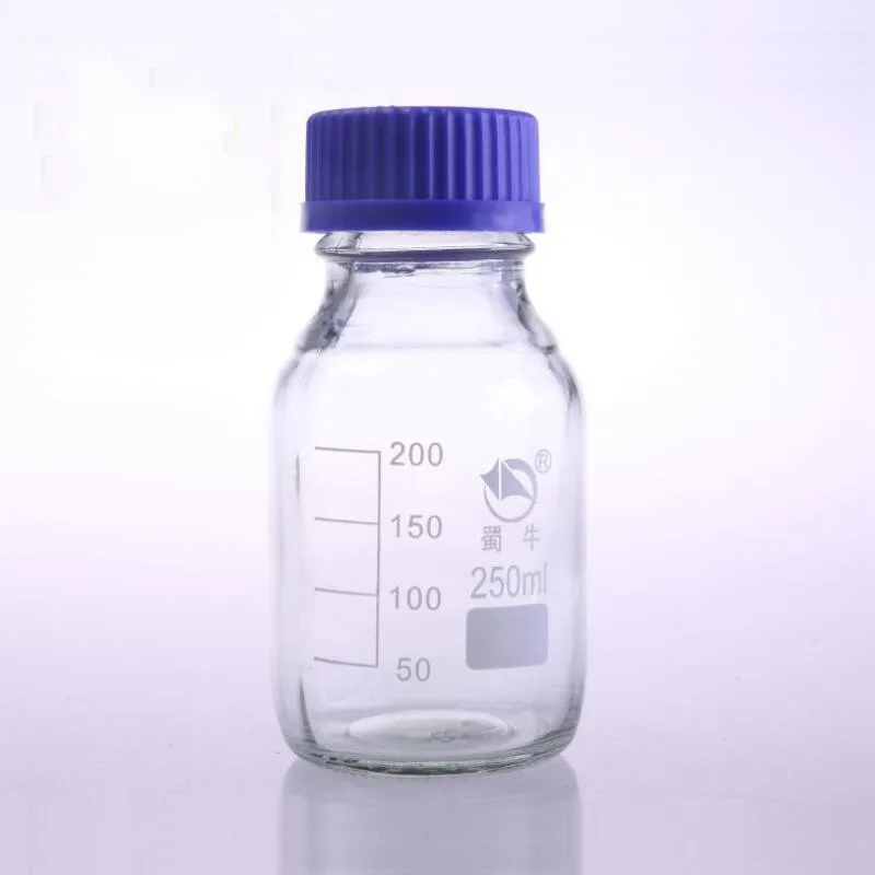 

250ml Graduated Round Glass Reagent Bottle Blue Screw Cap Screw On Cover Graduation Sample Vials Plastic Lid