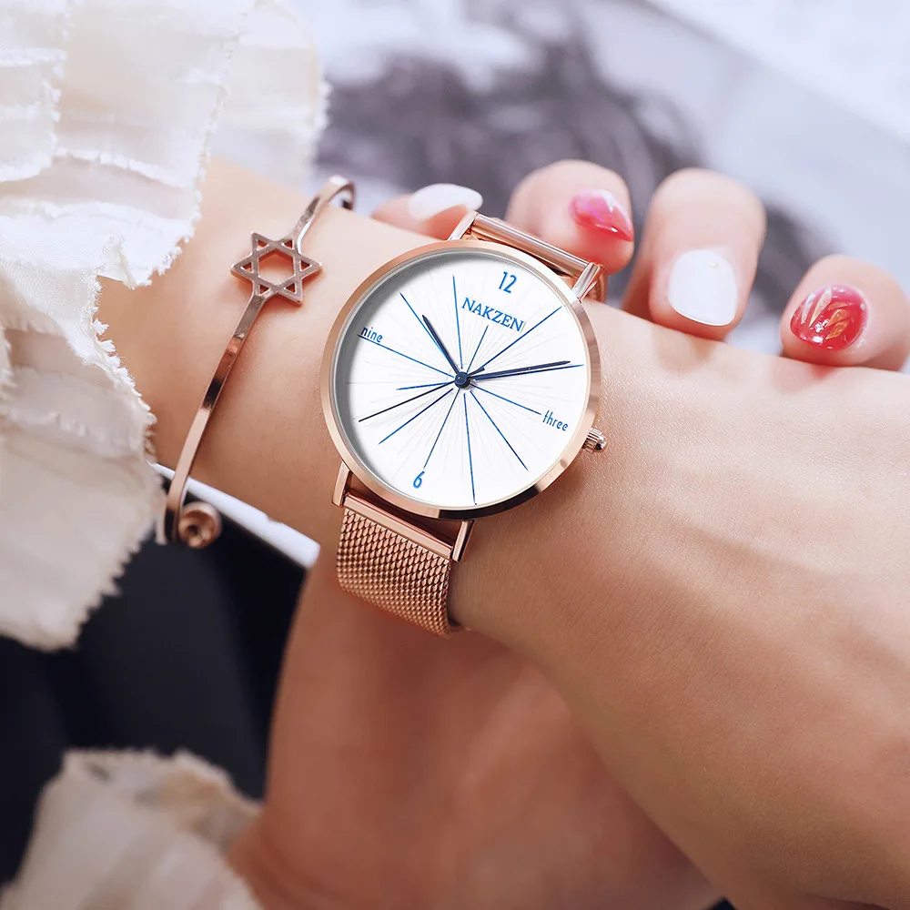 

NAKZEN genuine ultra-thin simple quartz female watch Japanese movement waterproof Milan mesh belt