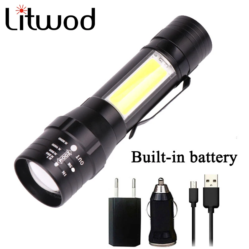 

Litwod Z20 3101 LED Flashlight CREE T6 COB mini Torch Aluminum alloy rechargeable lantern built-in battery for hiking