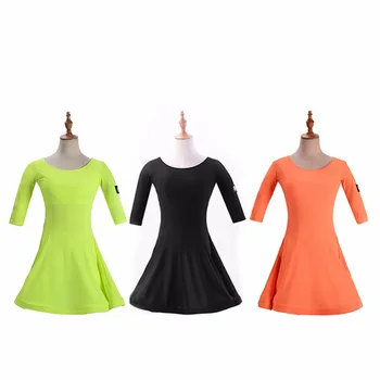 

Top Quality Latin Dance Dress For Girl Black Orange Lycra Kids School Children Summer Elastic Maxi Ballroom Showing Dresses 4077