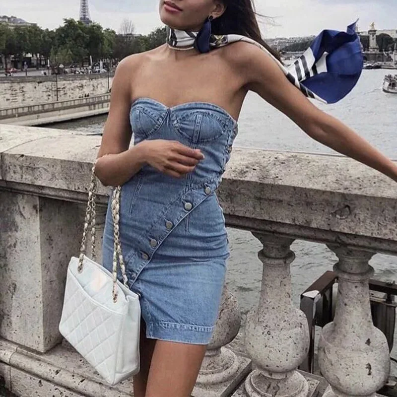 Tobinoone Denim Dress Mini Summer Dress 2018 Women Elegant Bodycon Dress Party Sexy Club Wear Vestido Jeans Summer Dress Casual