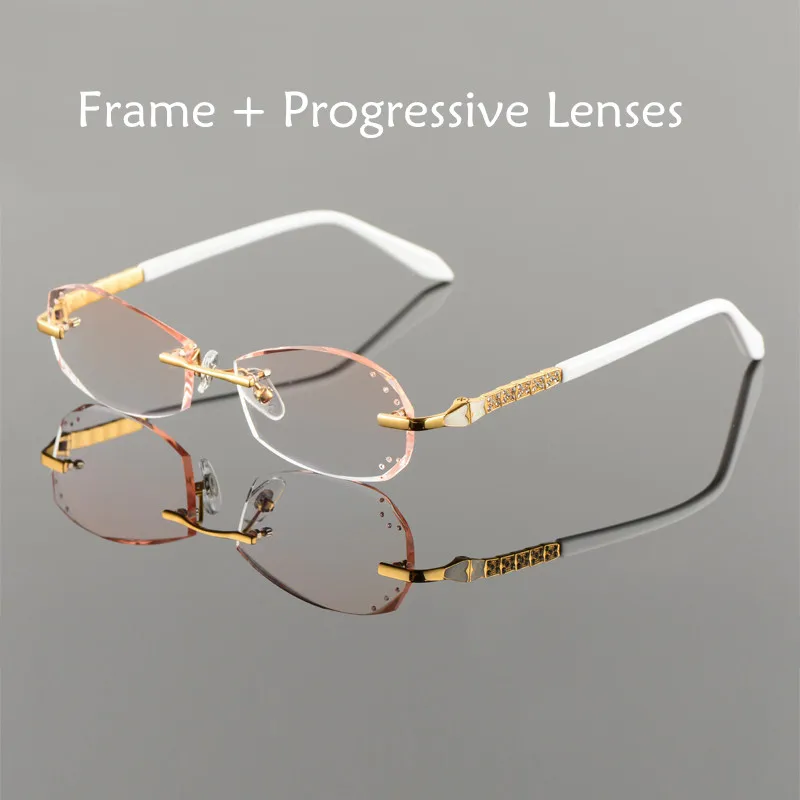 Женские очки из металлического сплава, без оправы, по рецепту, для чтения, близорукость, цветные, MR-8, алмазные очки, бескаркасные, Кристальные очки 20001 - Цвет оправы: Golden Progressive