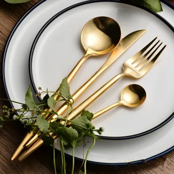 

Korean Elegant Tableware Stainless Steel Golden Soup Scoop Dinnerware Set Gold Butter Knife Fork Coffee Scoop Kitchen 24pcs/Set