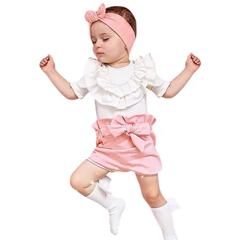 

Summer New Fashion Toddler Kids Baby Girls Ruffled T Shirts Tops Bow Shorts Hair Band Outfits Sets Wholesale Free Ship Z4