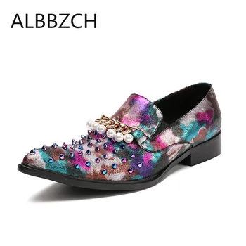 

New mens fashion tassel rivets design pointed toe slip on printing leather casual shoes men loafers leisure party shoes szie 46