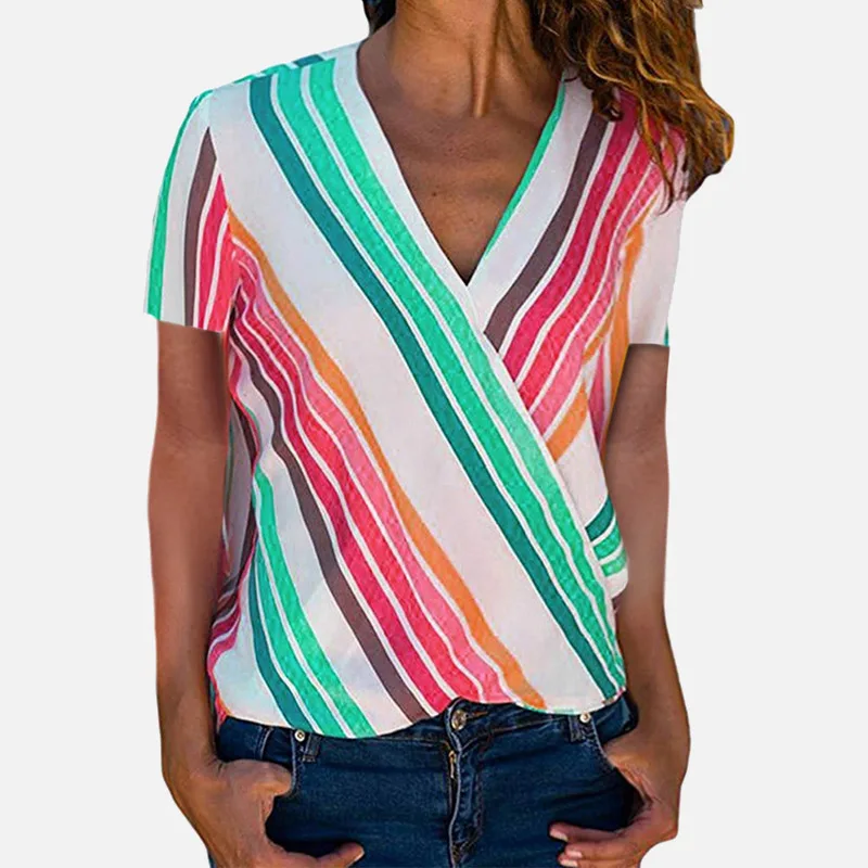 

Women's Chiffon Striped V-neck Short Sleeve Blouse Shirts Rainbow Loose Wrap Top Female 2019 Summer Fashion Tops Blouses Ladies