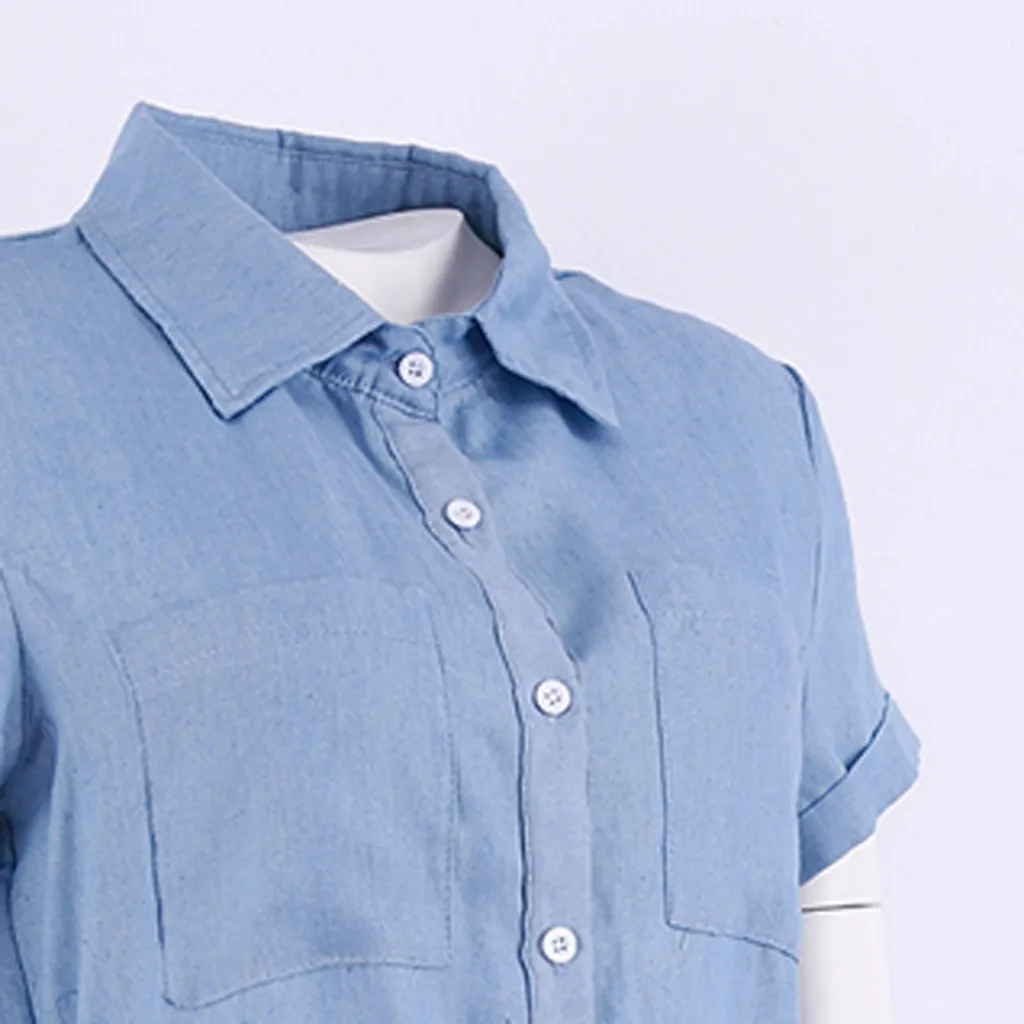 jeans dress blue dress Women Short Sleeve Shirt Dress Summer Casual Button Boyfriend Mini Dress kleider damen